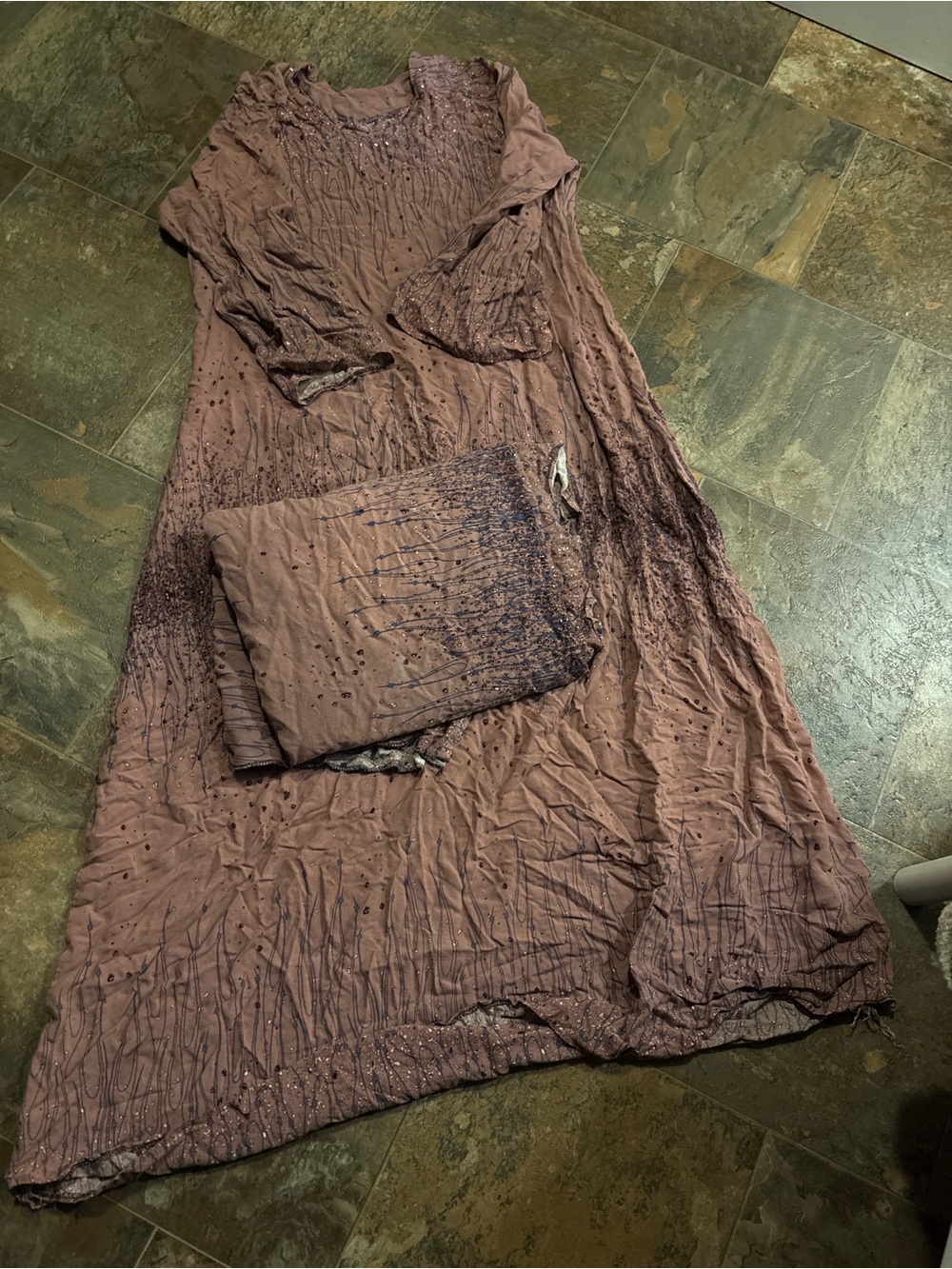 Bead-Embellished Dusty Rose Crinkled Maxi Dress
